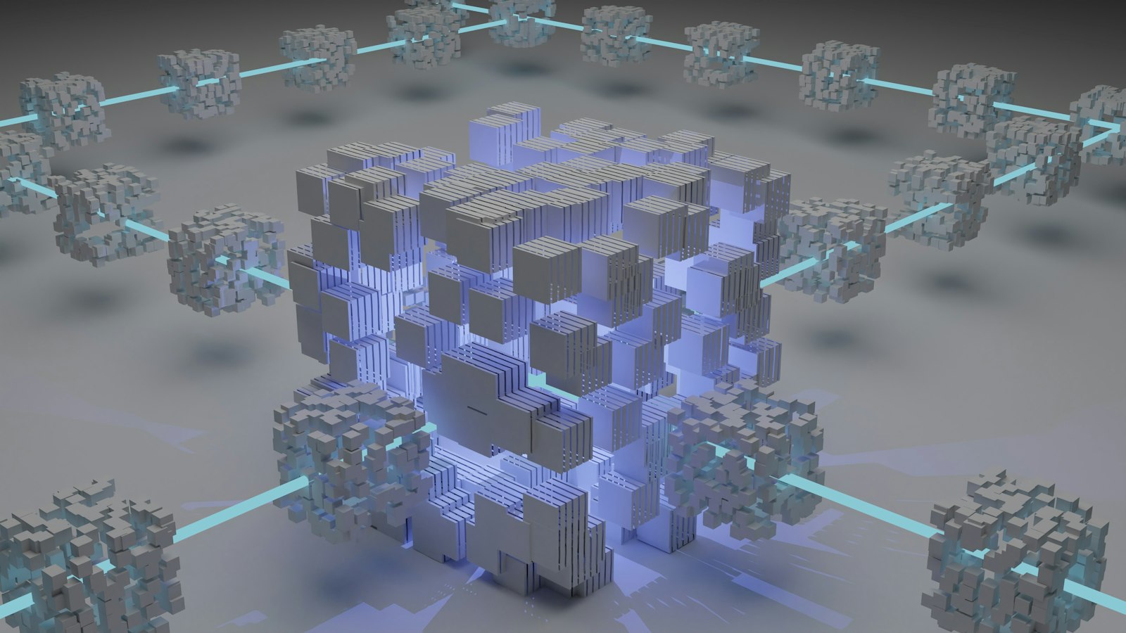 A three-dimensional lattice of cubes linked by connecting lines, forming a structured network